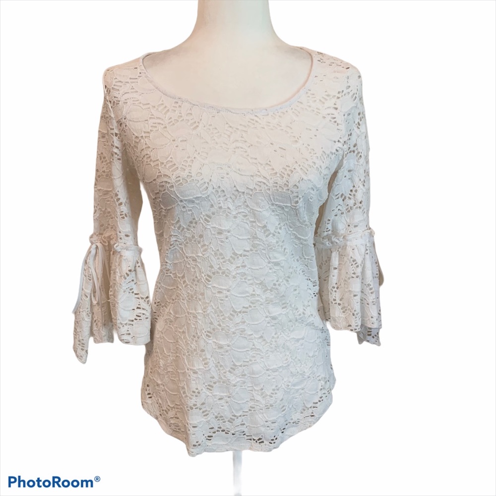 Proportion Petite Conrad C White Lace Blouse Bell Sleeve Sz XSP